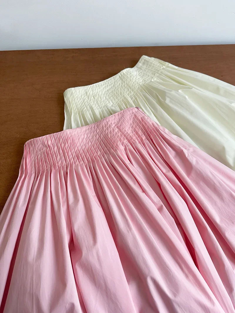 Elegant High-Waisted Pink A- Line Skirt Sweet Umbrella Design Sensibility Plenty of Pleats Medium-Length Women's Fashion