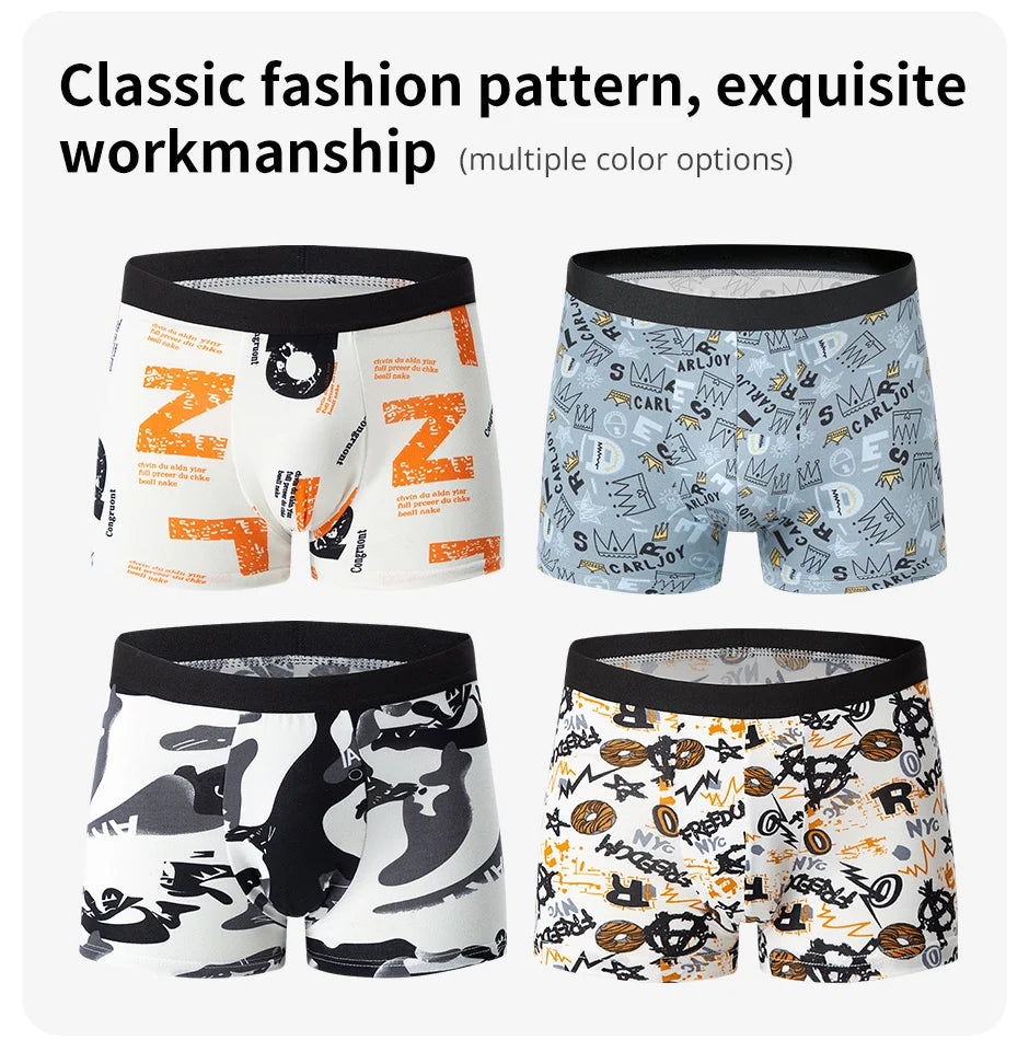 4-Piece Men's Fashion Print Mix And Match Underwear Beach Shorts Comfortable Breathable Teenager Plus Size 5xl6xl Boyshort.