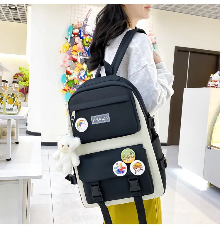 Autumn New Canvas Backpack Women's Korean Version Large Capacity Five-Piece Set Middle School Student Backpack College Student S