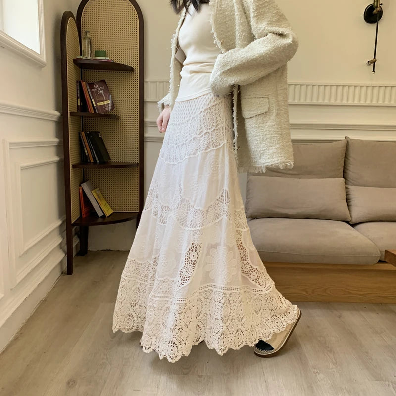 SMTHMA New Korean Retro French Hook Flower Hollow Design Elastic Knitted Skirt Women's Elastic High Waist A-line Long Skirt