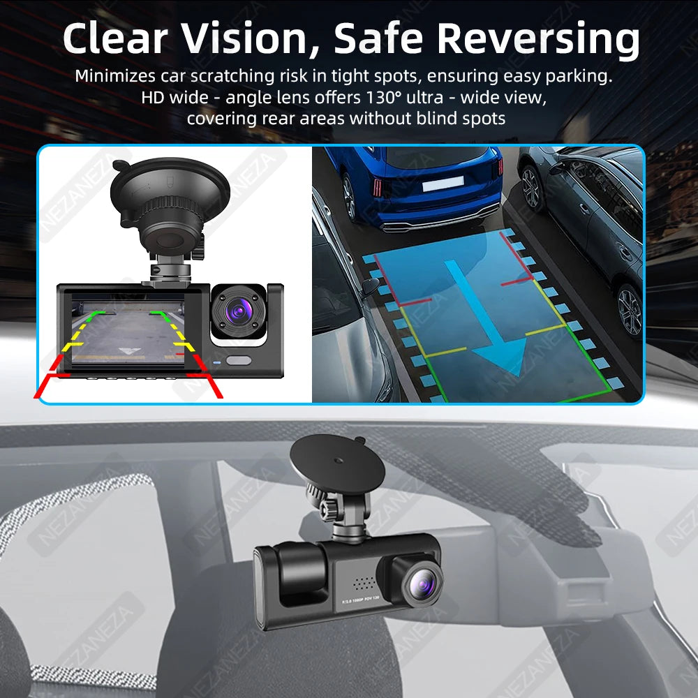 1080P DVR Car Recorder HD 3-Lens Inside Infrared Night Vision 3 Cameras Gravity Sensor Universal IPS Safe Driving Video Recorder