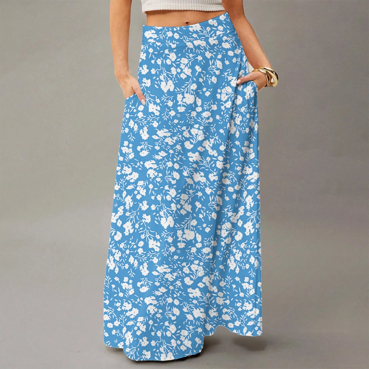 Women's Straight Skirt Casual Summer Floral Print Bohemian Skirt Flowing Maxi Skirts with pockets High waist Elastic skirt
