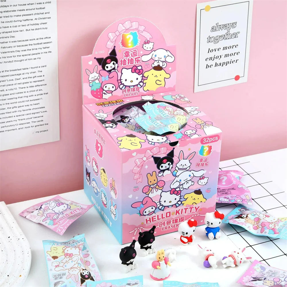 Sanrio Kawaii Eraser Set – 32pcs 3D Cartoon Rubber with Kuromi, Hello Kitty & Friends for Students & School Gift Kits
