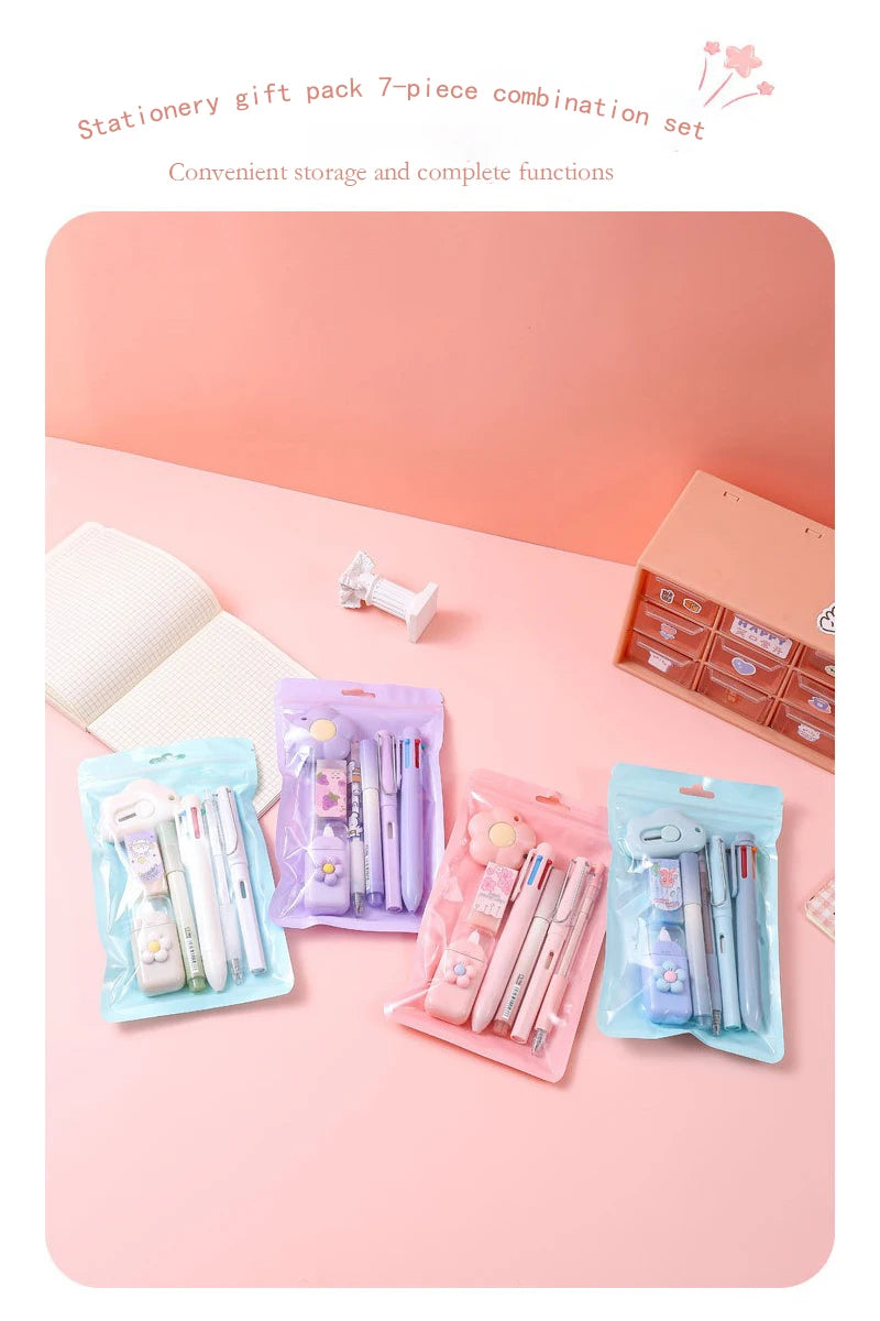 7-Piece Kawaii Korean Stationery Set – Cute Essentials for Students, Office & Study with Souvenir-Style Charm
