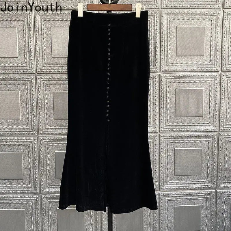 2025 Faldas Mujer De Moda Vintage Long Skirt High Waist A-line Velvet Jupe Fashion Single Breasted Long Skirts Temperament Saia