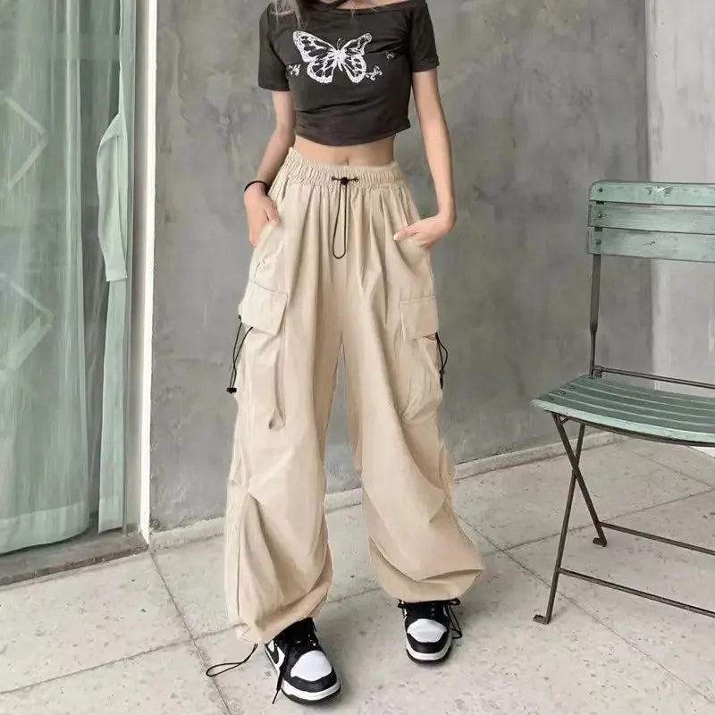Women Casual Joggers Tech Pants Solid Low Waist Pants Drawstring Wide Leg Baggy Trousers Y2k Streetwear Oversize Sweatpants