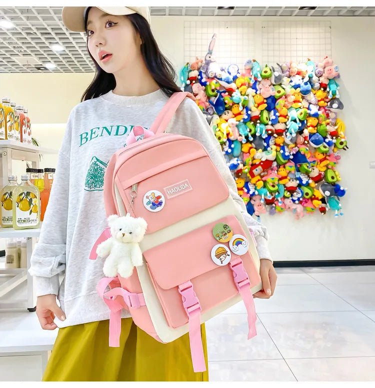 Autumn New Canvas Backpack Women's Korean Version Large Capacity Five-Piece Set Middle School Student Backpack College Student S