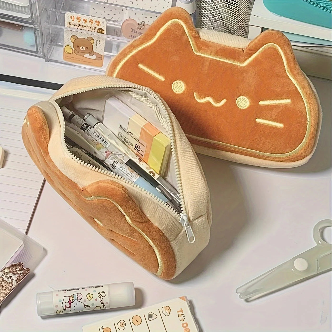 Caramel Cat Plush Pencil Case – Large Capacity Stationery Organizer