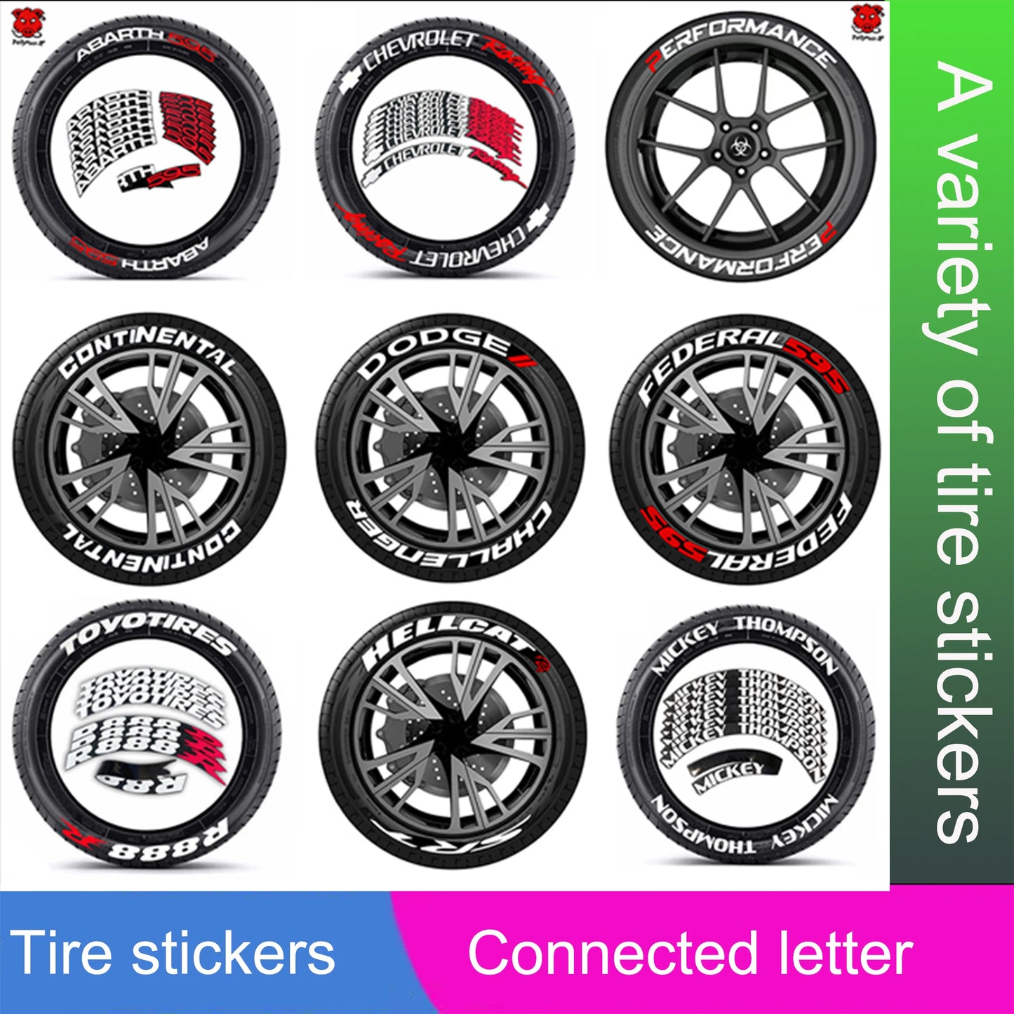 8pcs Car Tire Decals Car Tuning Universal 3D Permanent PVC Conjoined Letter Decals kit