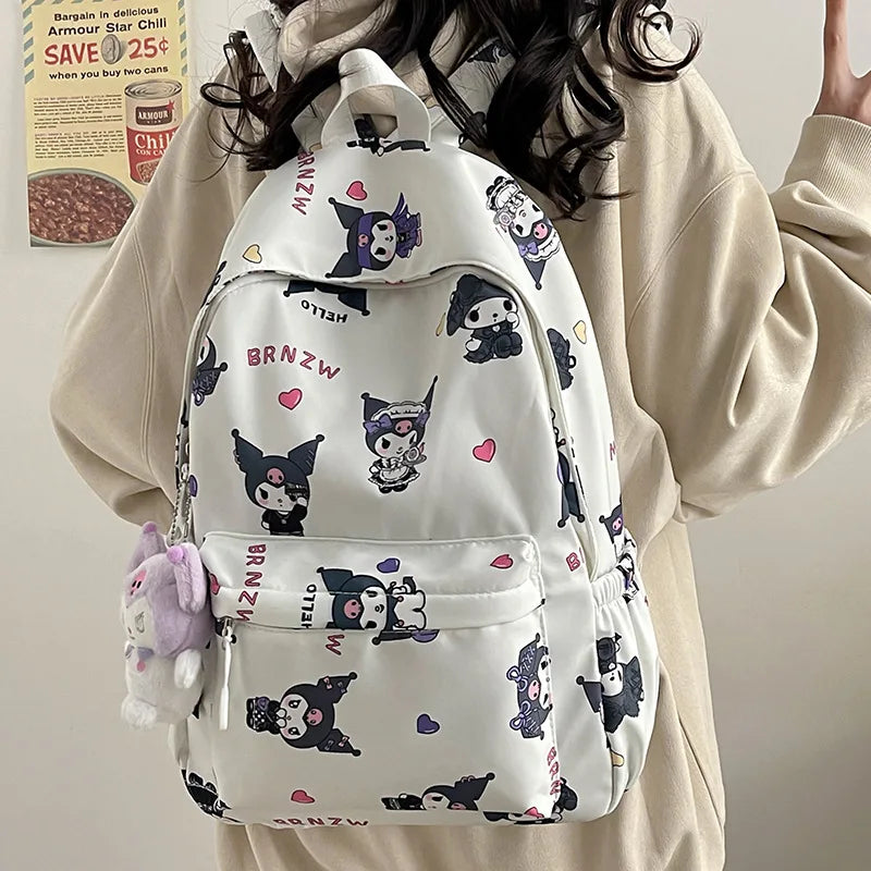 Kawaii Canvas Backpack – Hello Kitty, Kuromi, Melody & Cinnamoroll Charm for Kids & Teens!