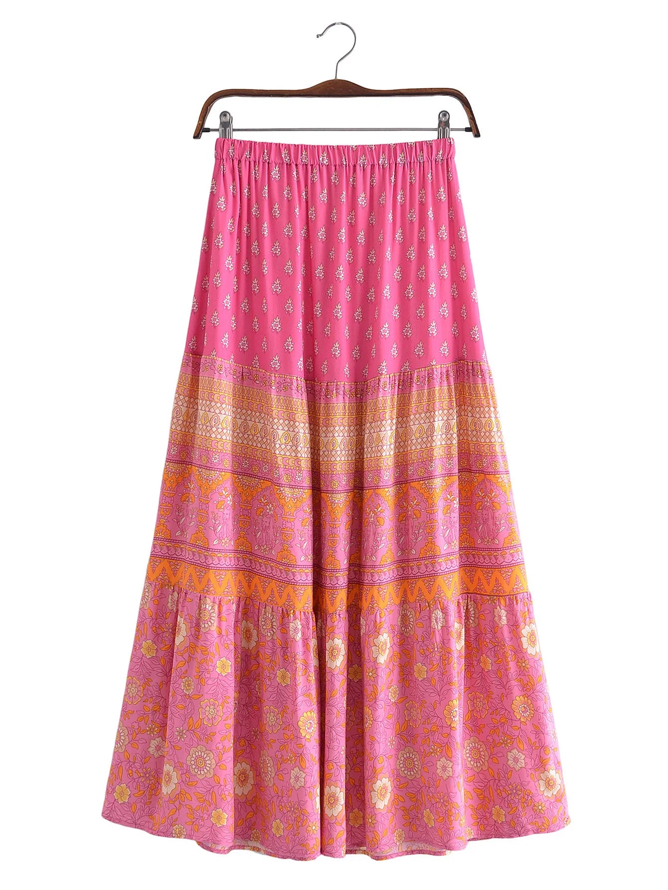 2022 BOHO Orange Flower Print Long Skirt Spliced Ruched Ruffle Hem Hippie Women Ball Tassel Bow Waist Swing Skirts Holiday
