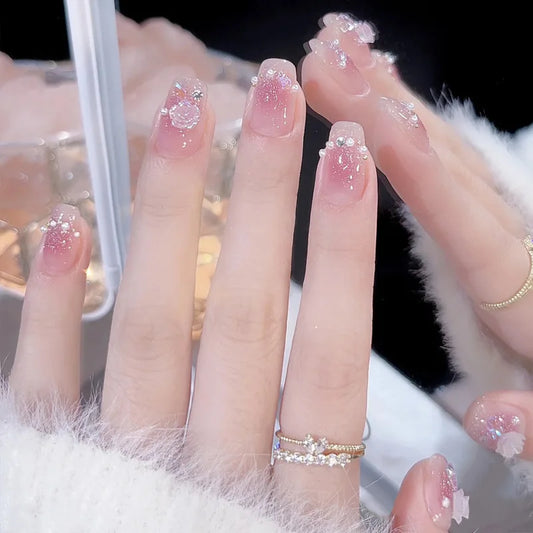 Floral Pop Press-On Nails – 24 Short French Tips with 3D Roses, Jelly Glue & Nail Strip