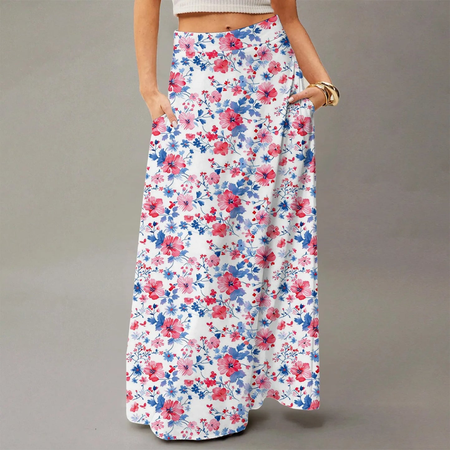 Women's Straight Skirt Casual Summer Floral Print Bohemian Skirt Flowing Maxi Skirts with pockets High waist Elastic skirt