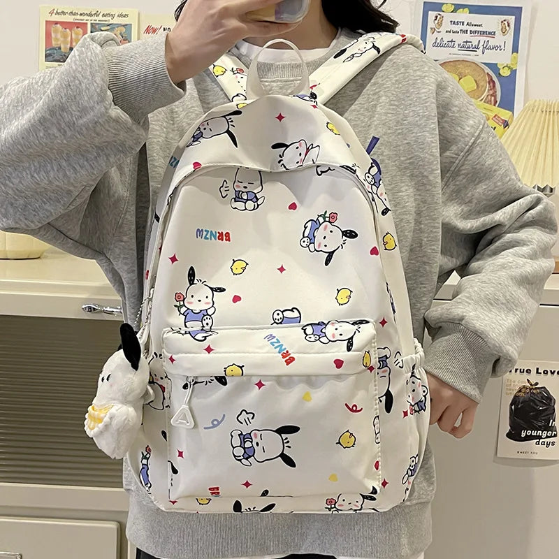 Kawaii Canvas Backpack – Hello Kitty, Kuromi, Melody & Cinnamoroll Charm for Kids & Teens!