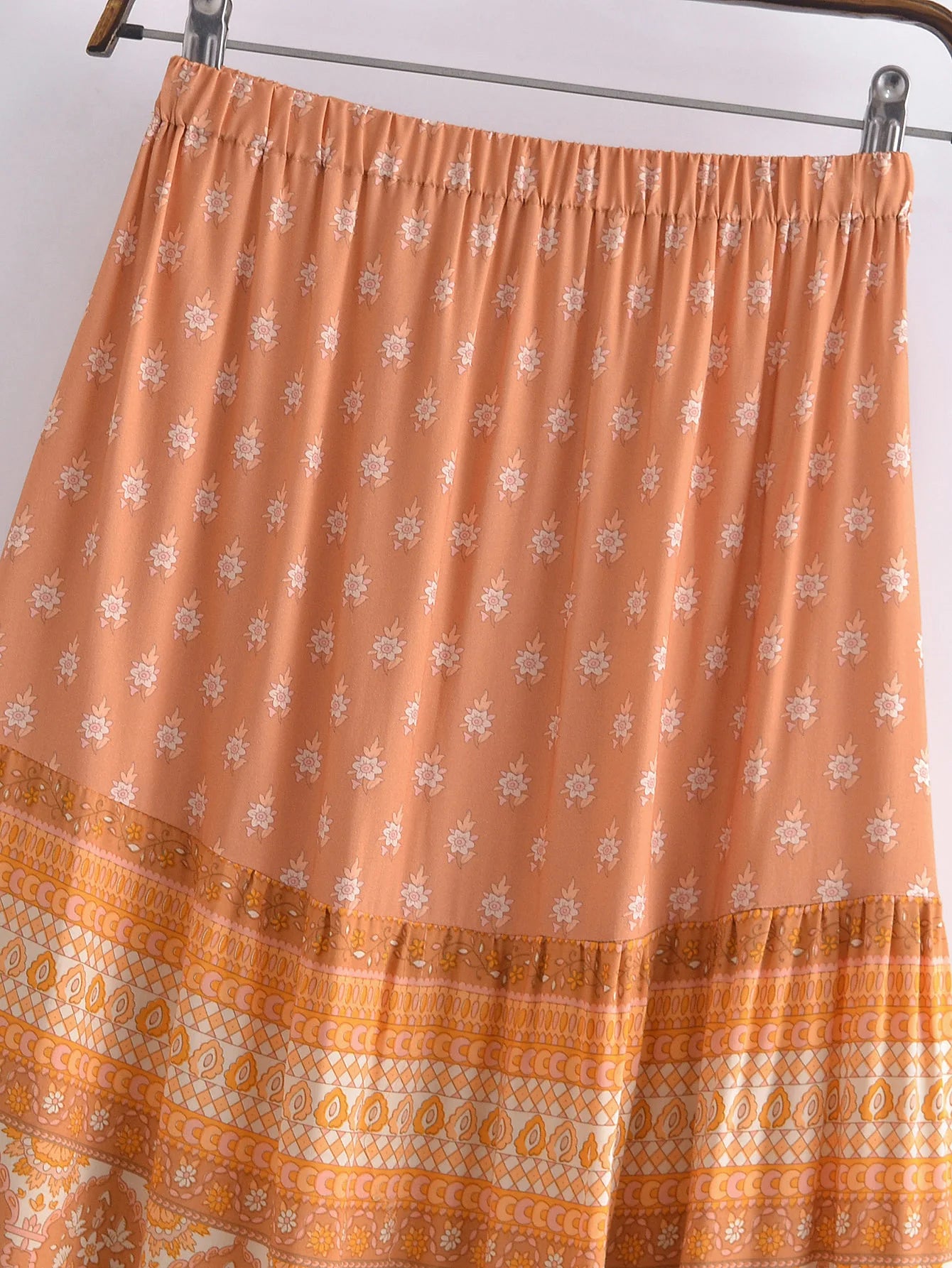 2022 BOHO Orange Flower Print Long Skirt Spliced Ruched Ruffle Hem Hippie Women Ball Tassel Bow Waist Swing Skirts Holiday