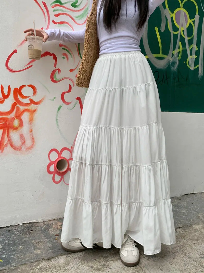 Summer High Waist White Mini Skirt Women Fashion Korean Patchwork A-Line Skirts Female Summer Solid Elegant All-Match Long Skirt