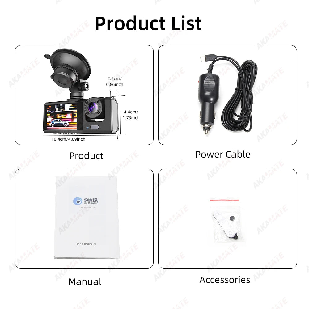 Car DVR 3 Cameras Recorder Rear Inside Vehicle 3-Lens Dash Cam Three Way Camera DVRs Dashcam 3 Channel Video Camcorde 1080P HD