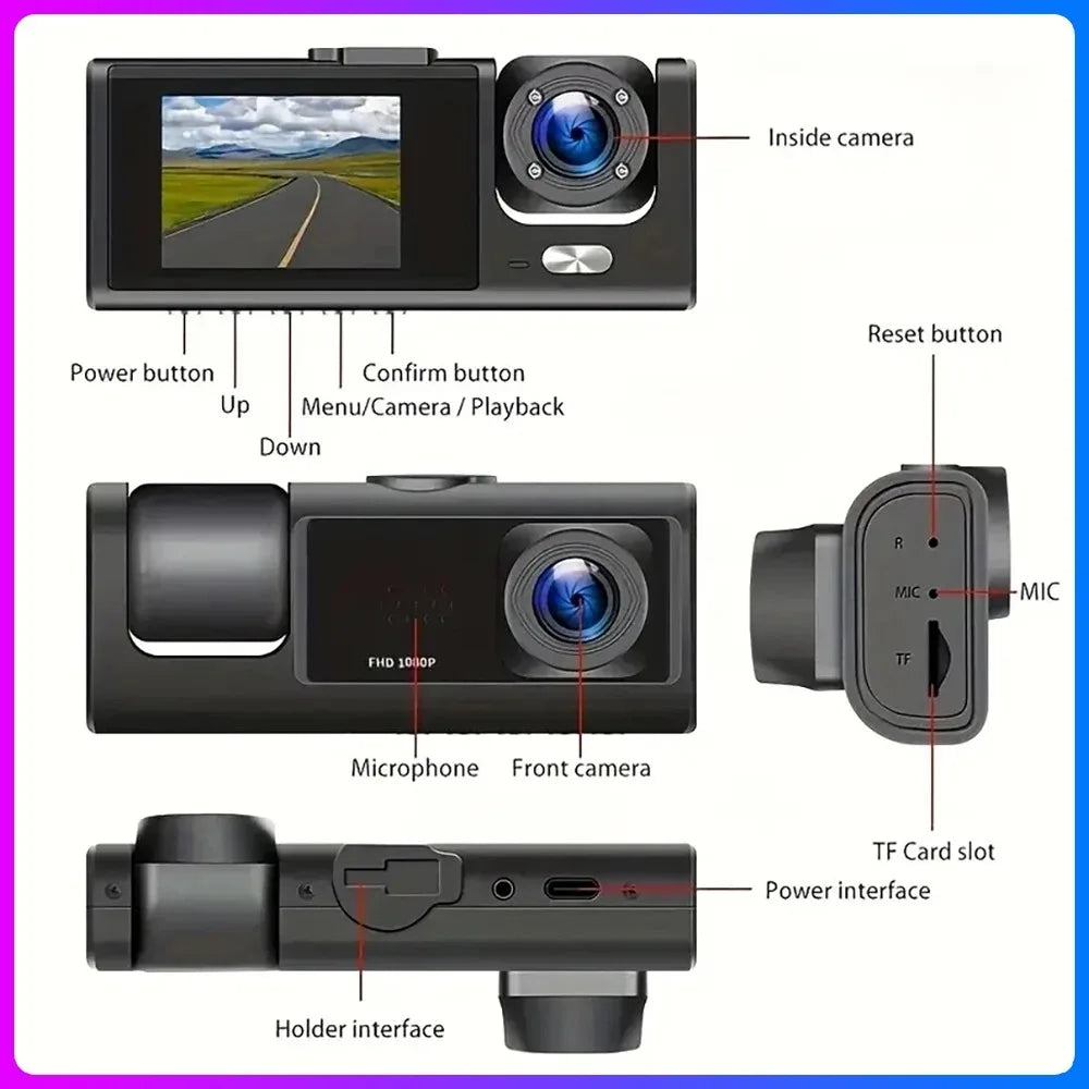 Car DVR HD 1080P tachograph 3 lens 2.0-inch IPS recorder tachograph Rearview mirror Driving recorder night vision