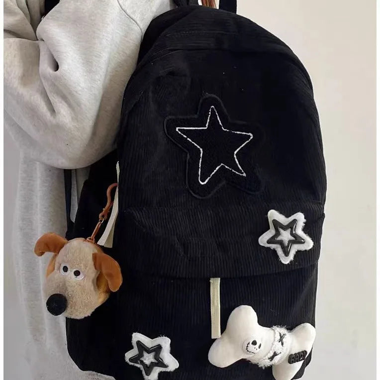 Starry Y2K Corduroy Backpack – Big Space, Bold Style for Trendy Teens!