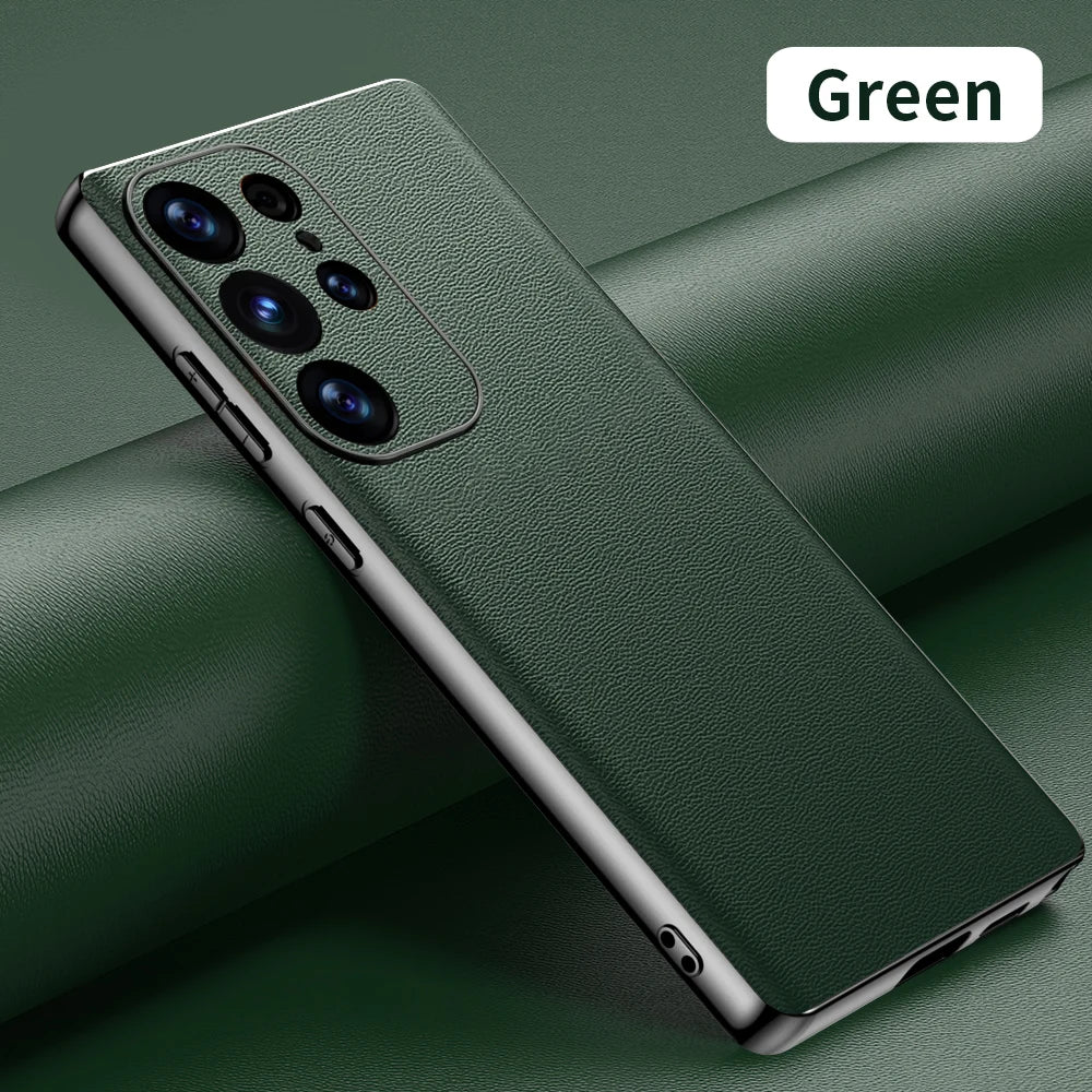 Leather Phone Case for Samsung Galaxy S25 S24 S23 Ultra S22 Plus Luxury Plating Soft Edges Shockproof 360 Full Protective Cover