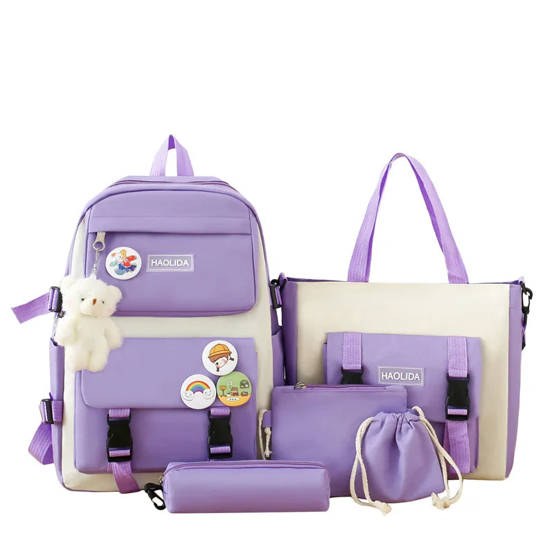 Autumn New Canvas Backpack Women's Korean Version Large Capacity Five-Piece Set Middle School Student Backpack College Student S