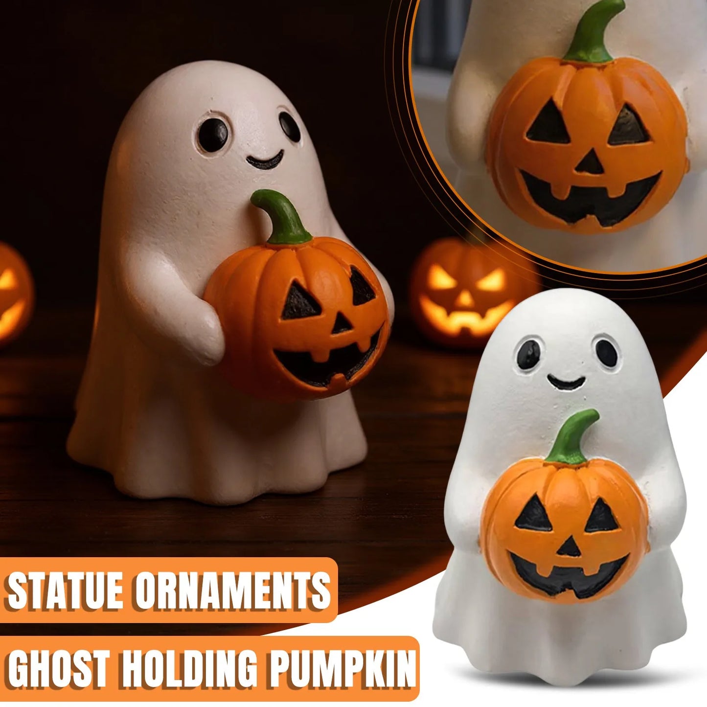 ‌Halloween Ghost Holding Pumpkin Statue Holiday Party Decor Home Desktop Sculpture Handmade Craft Spooky Collectible Gift‌