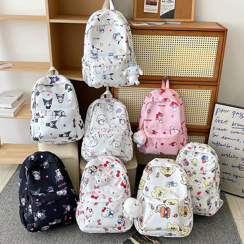 Kawaii Canvas Backpack – Hello Kitty, Kuromi, Melody & Cinnamoroll Charm for Kids & Teens!