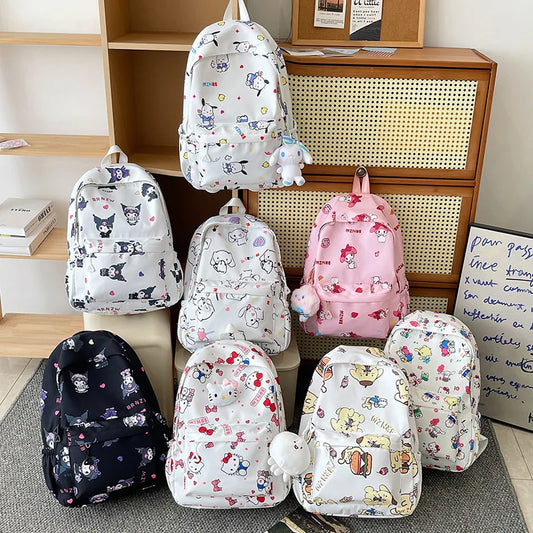 Kawaii Canvas Backpack – Hello Kitty, Kuromi, Melody & Cinnamoroll Charm for Kids & Teens!