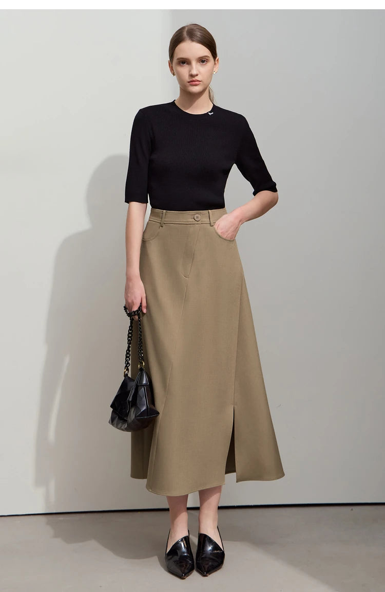 Amii Minimalist Spring New Commuter Asymmetrical Oblique Placket Split Skirt Non Ironing Anti Wrinkle A Shape Skirt 12551003