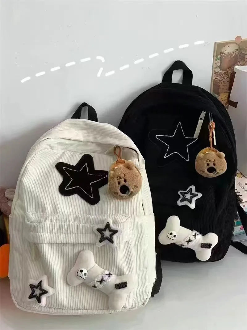 Starry Y2K Corduroy Backpack – Big Space, Bold Style for Trendy Teens!