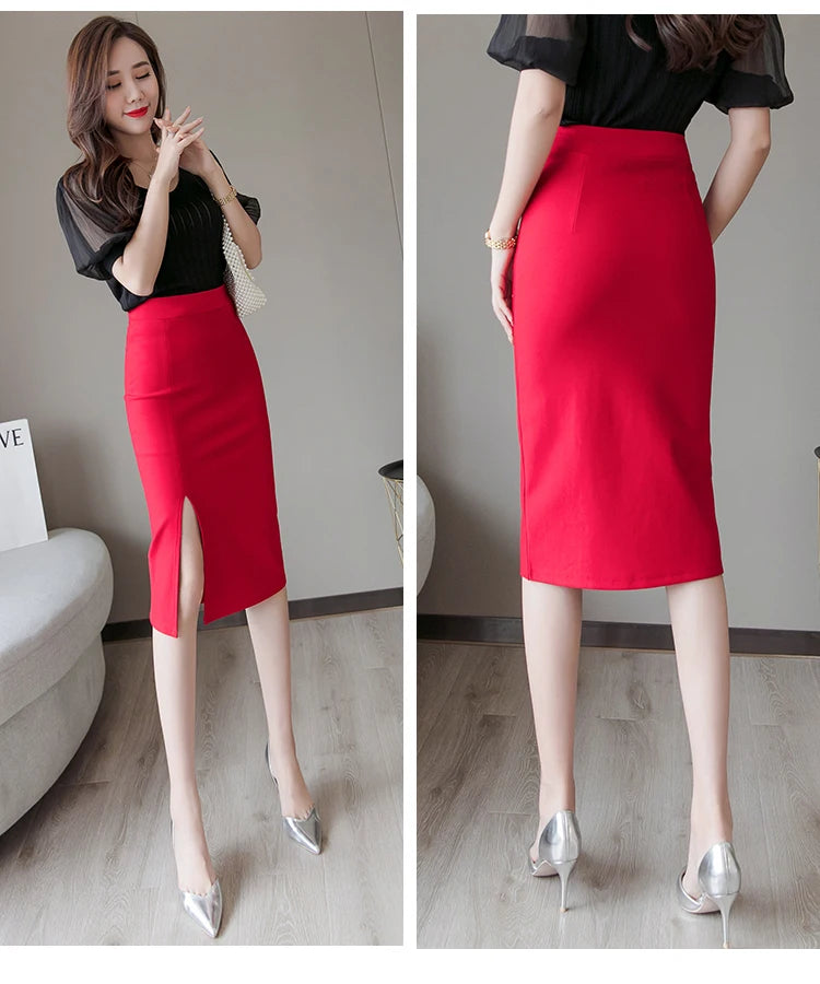 Seoulish 2024 New Spring Summer Mid length Women's Skirt Elegant Office Lady Style Solid Split Mid Length Skirts Female