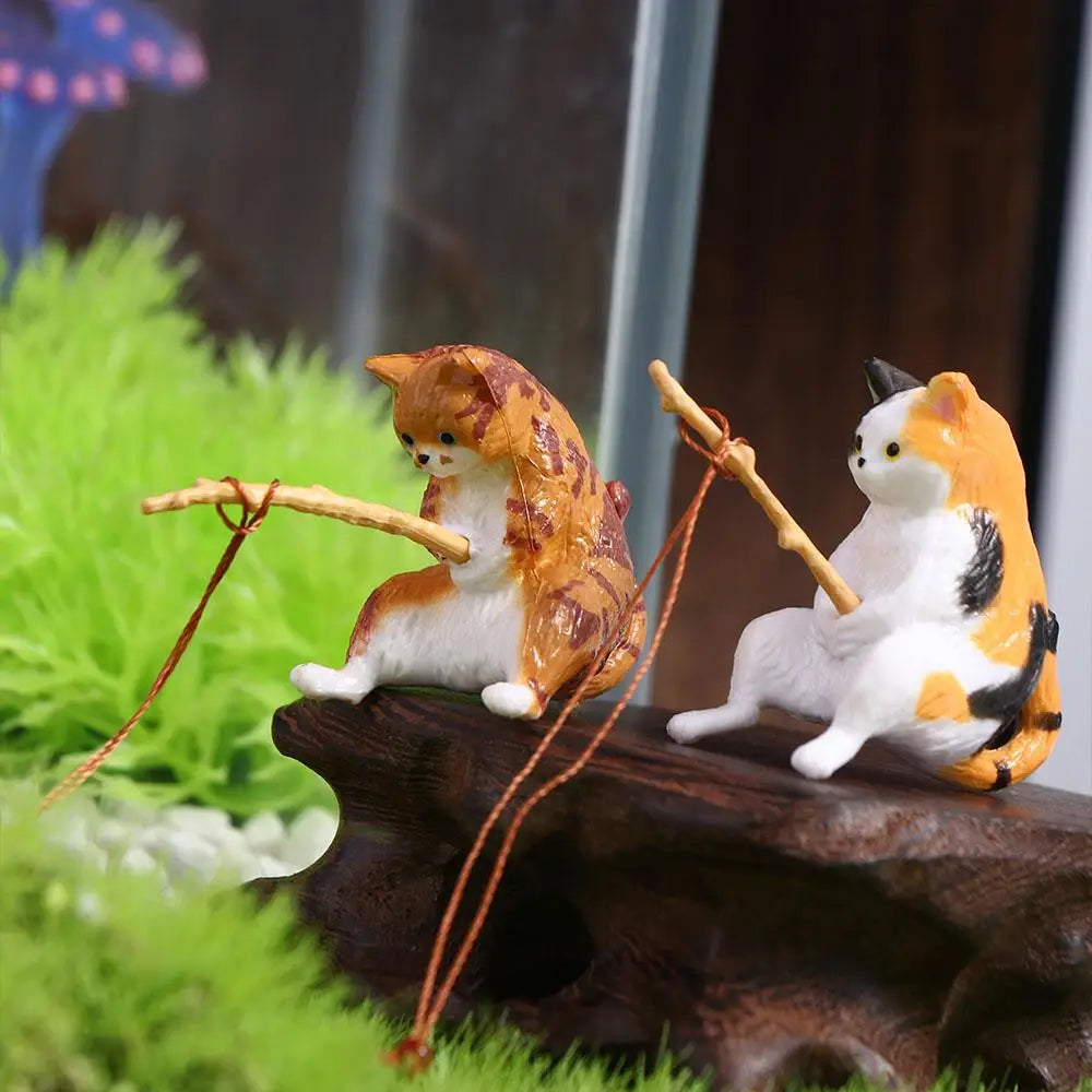 Hanging Decoration Plant Pot Aquarium Tanks Decor Fish Tank Ornaments Cat Statue Kitten Fishing Ornament Miniature Figurines