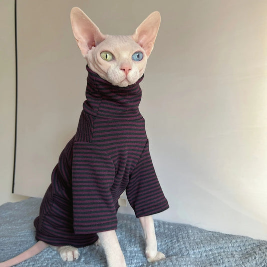 Striped Undershirt for Sphynx Cat Elegant high neck T-shirt for Kittens Dogs Spring Soft Long Sleeve Coat for Devon Rex Clothing