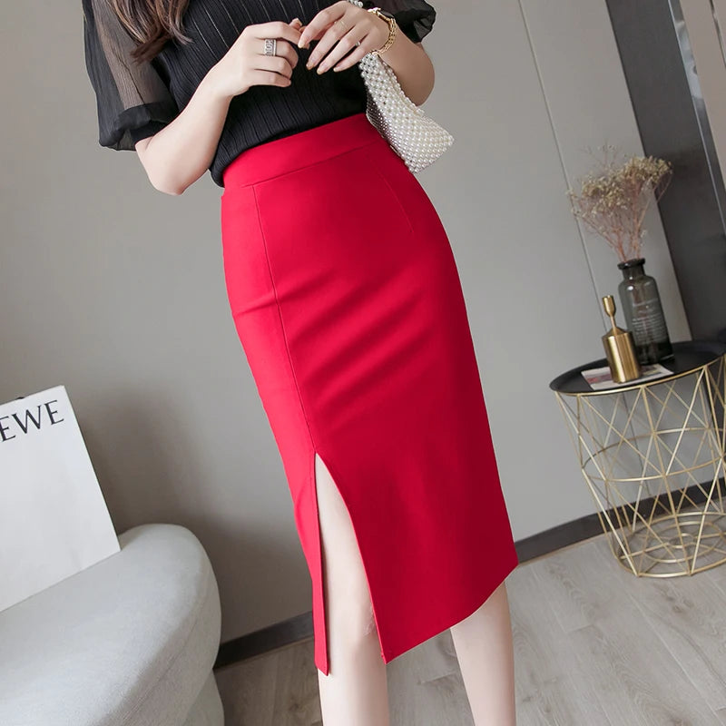 Seoulish 2024 New Spring Summer Mid length Women's Skirt Elegant Office Lady Style Solid Split Mid Length Skirts Female