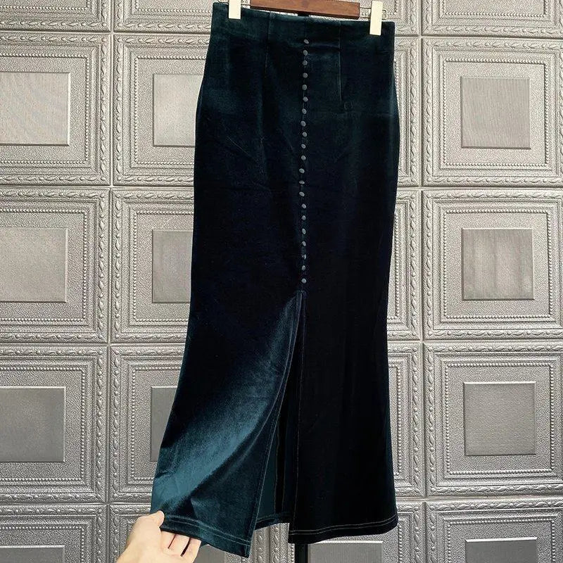2025 Faldas Mujer De Moda Vintage Long Skirt High Waist A-line Velvet Jupe Fashion Single Breasted Long Skirts Temperament Saia