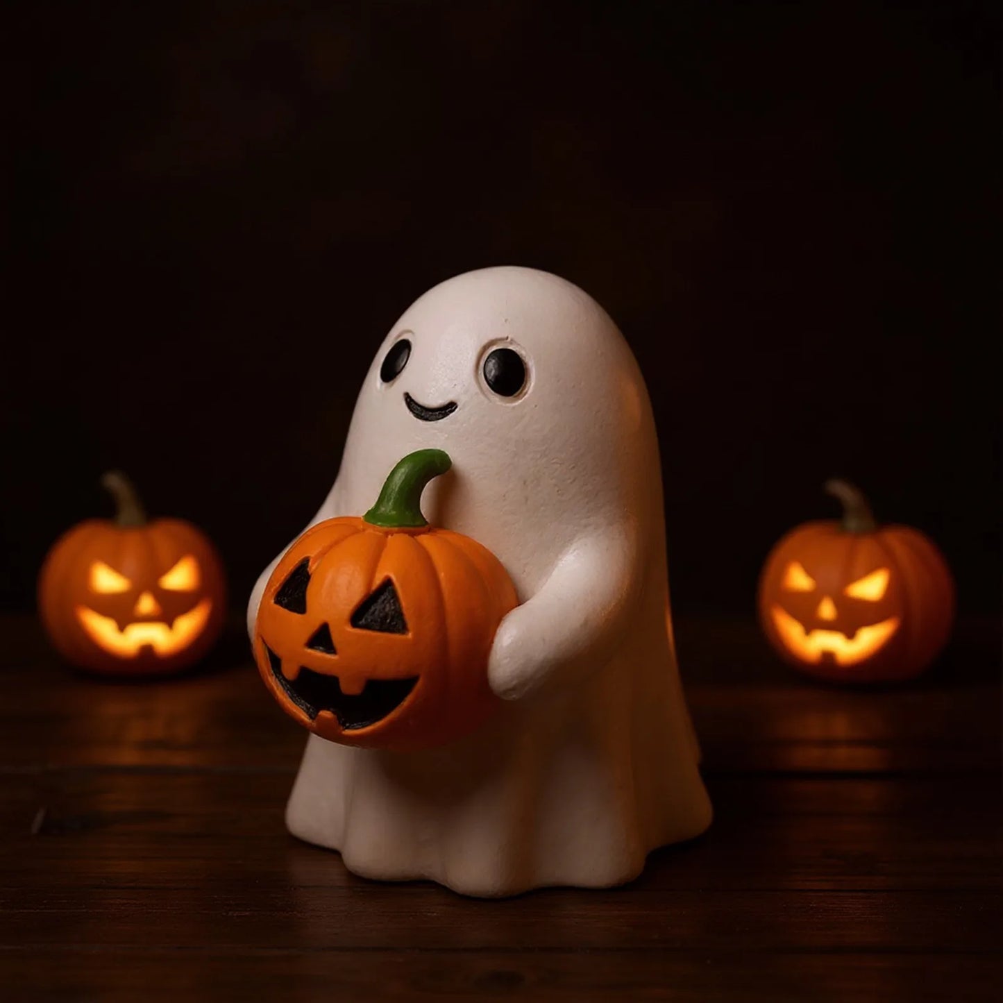 ‌Halloween Ghost Holding Pumpkin Statue Holiday Party Decor Home Desktop Sculpture Handmade Craft Spooky Collectible Gift‌