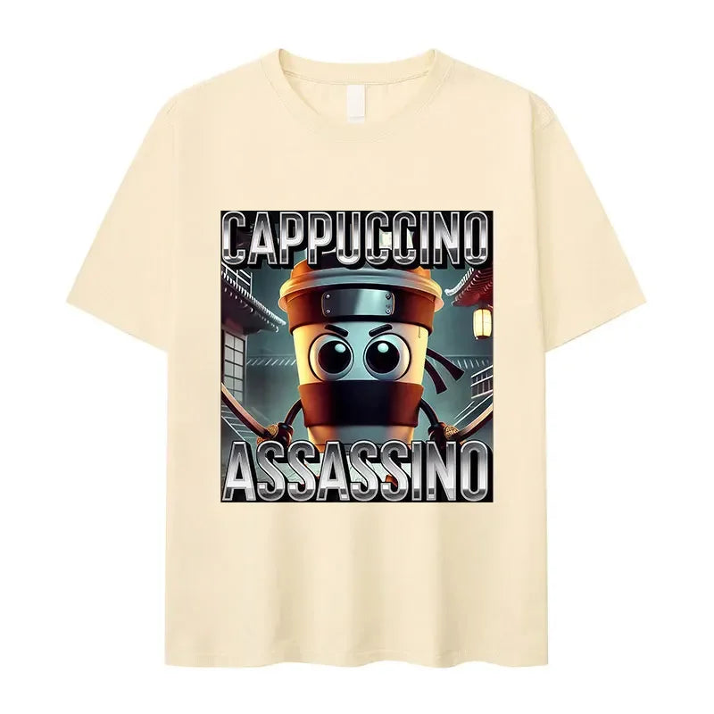 Italian Brainrot Fun Cappuccino Assasino Meme Men's Kawaii Short sleeved T-shirt Summer Round Neck 100% Cotton T-shirt