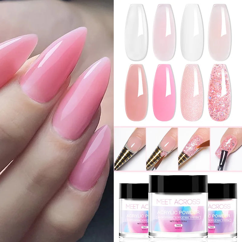 French Fade Acrylic Powder – 10g MEET ACROSS Set in Clear, Pink & White for DIY Nail Art