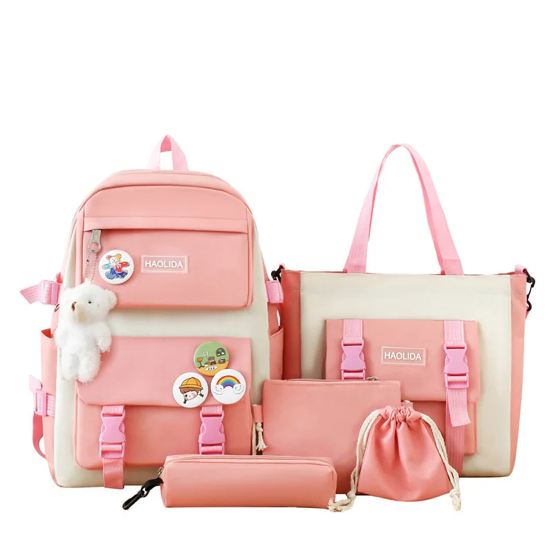 Autumn New Canvas Backpack Women's Korean Version Large Capacity Five-Piece Set Middle School Student Backpack College Student S