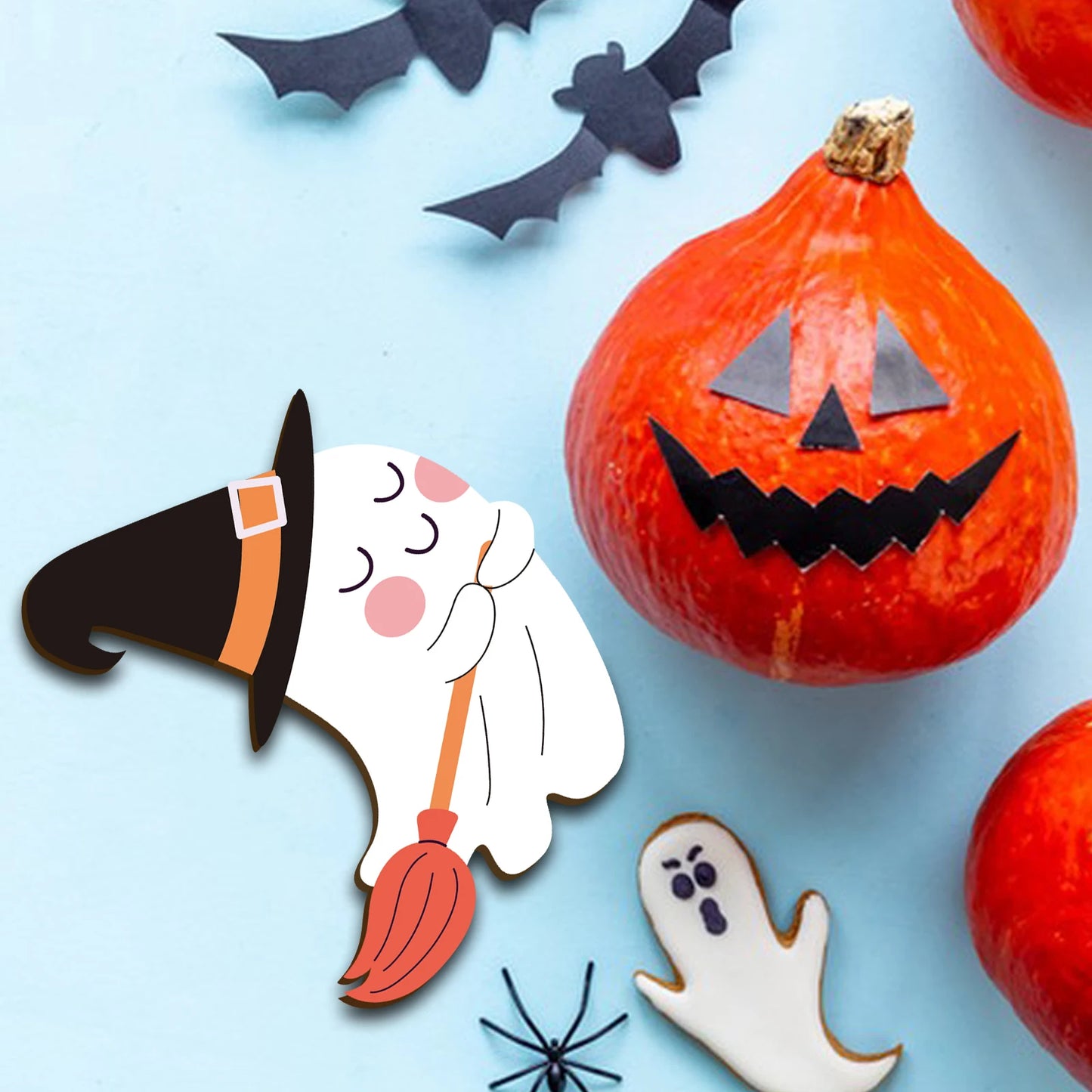Halloween Theme Wooden Ghost Ornament  Cute Pumpkin Witch Hat Design, The Perfect Decoration to Enhance the Festive Atmosphere