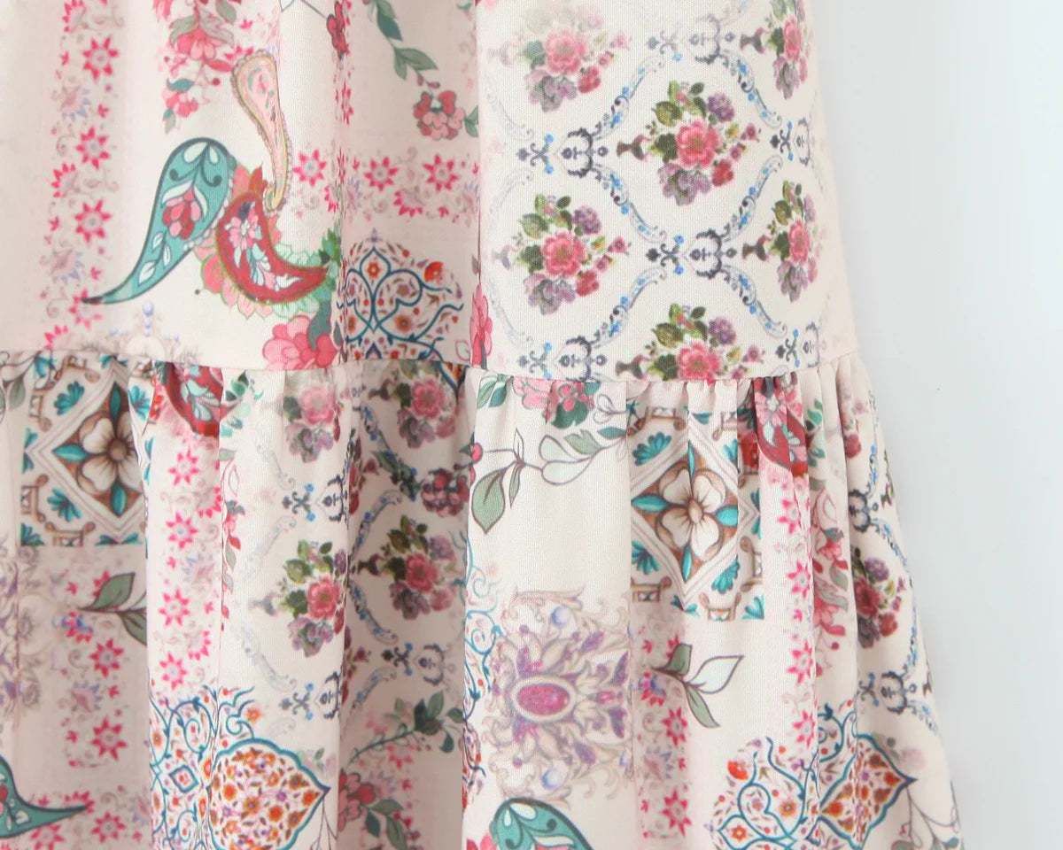 Elegant Women Holiday Wind Floral Print Tirred Ruffles Long Skirt Faldas Mujer Female Summer Elastic Waist Skirts QUN9083