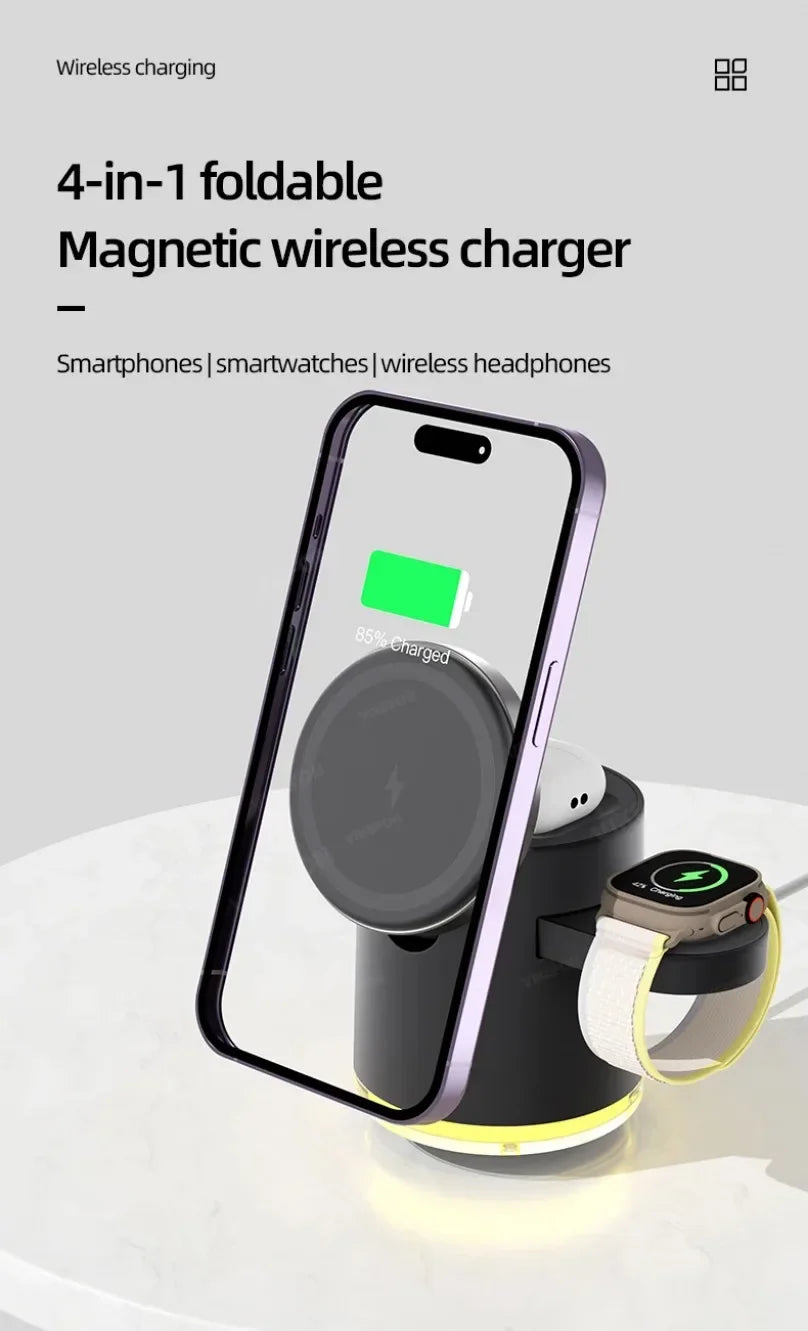 Fast Charging Dock Stand QI2 Wireless Charger Night Light 4 in 1 For Magsafe iPhone 16 15 14 Pro Max Airpods Pro 2-8 Apple Watch