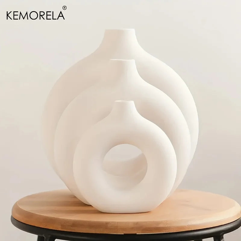 Nordic Style Ceramic Donut Shaped Vase Hollow Circular Flower Pot for Home Living Room Office Desktop Decorative Accessory Gift
