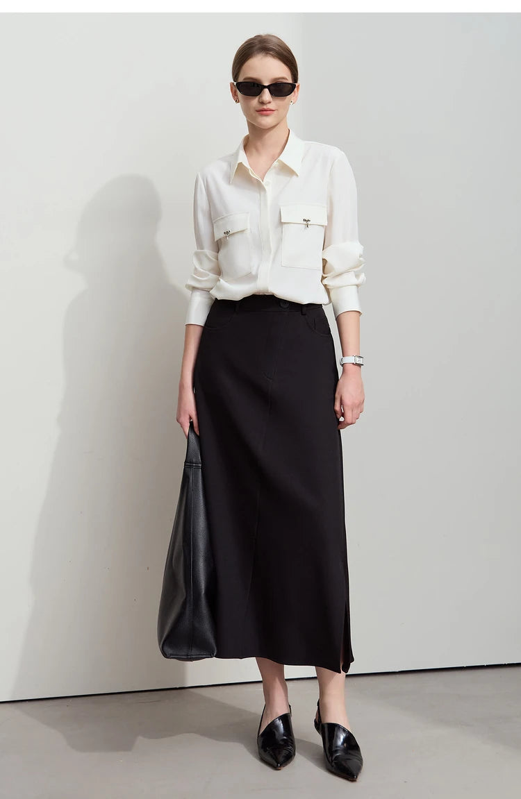 Amii Minimalist Spring New Commuter Asymmetrical Oblique Placket Split Skirt Non Ironing Anti Wrinkle A Shape Skirt 12551003