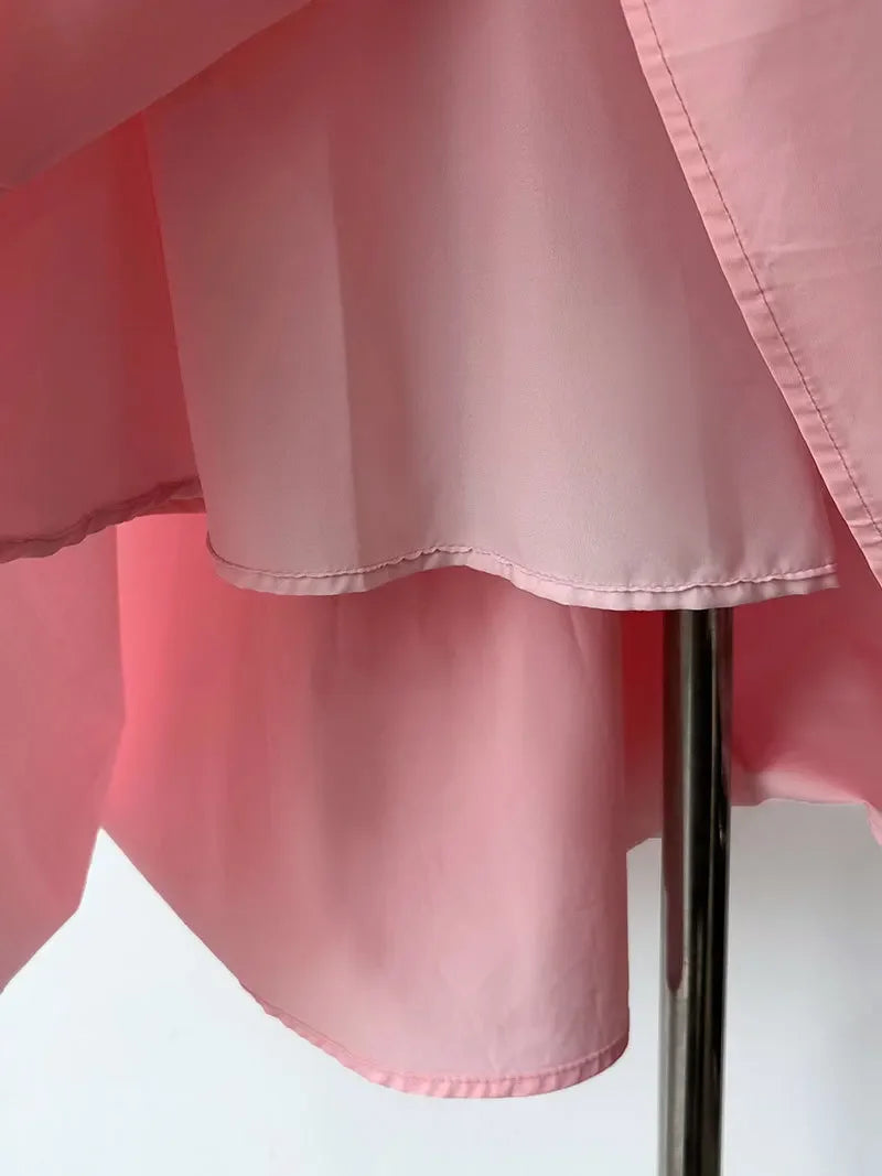 Elegant High-Waisted Pink A- Line Skirt Sweet Umbrella Design Sensibility Plenty of Pleats Medium-Length Women's Fashion