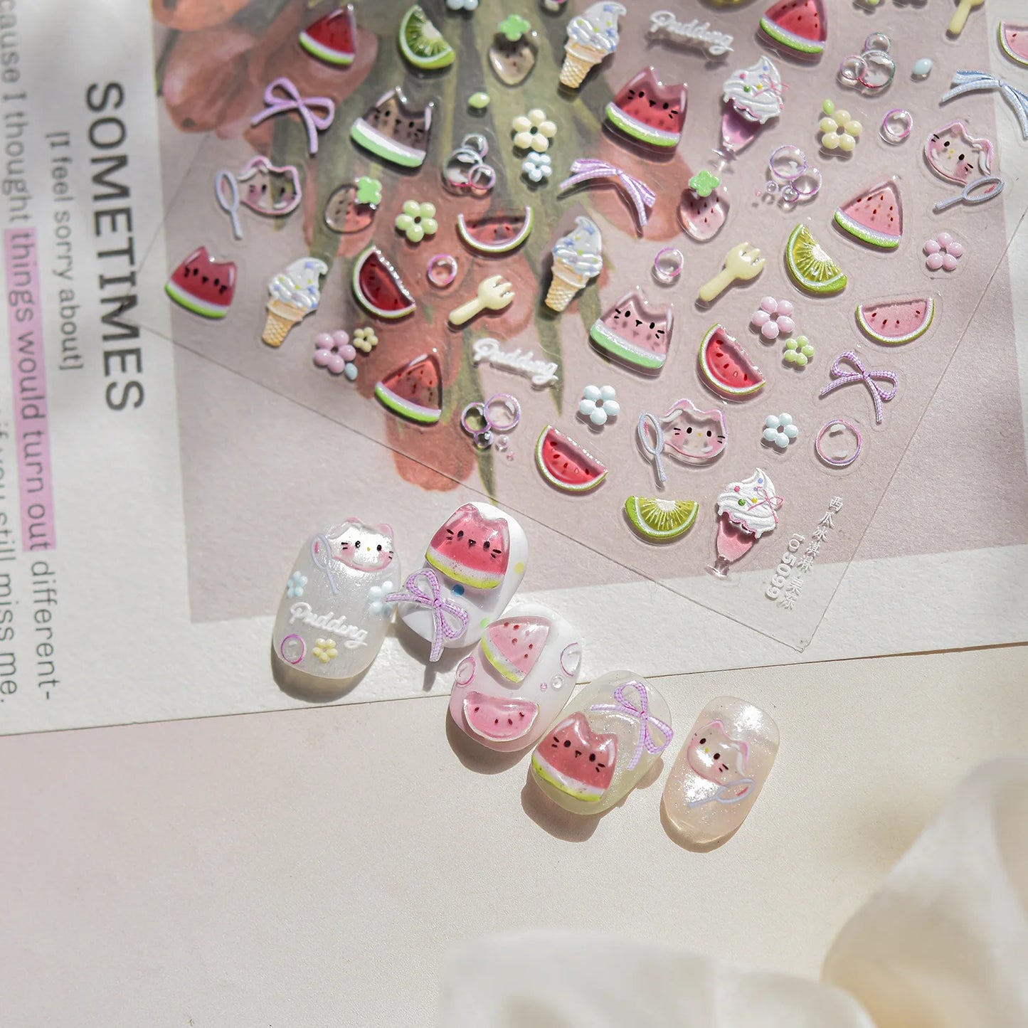 Jelly Cat Summer Fruits – Cute Watermelon & Ice Cream Nail Stickers for DIY Manicures