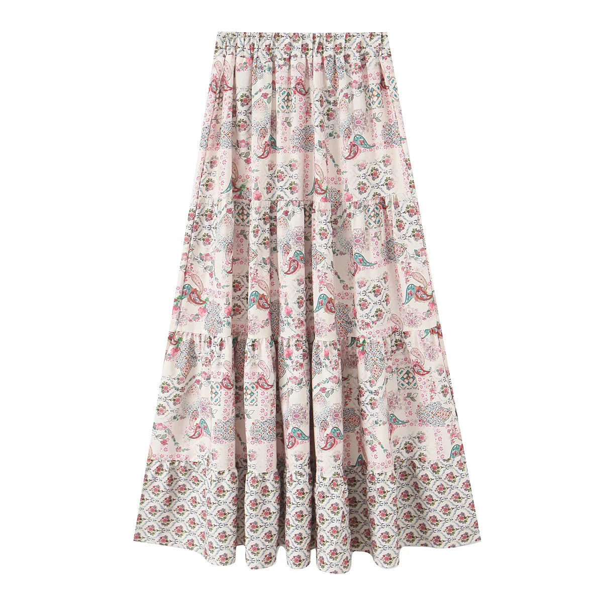 Elegant Women Holiday Wind Floral Print Tirred Ruffles Long Skirt Faldas Mujer Female Summer Elastic Waist Skirts QUN9083
