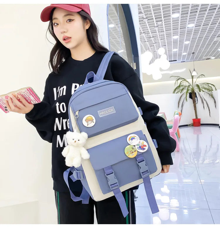 Autumn New Canvas Backpack Women's Korean Version Large Capacity Five-Piece Set Middle School Student Backpack College Student S
