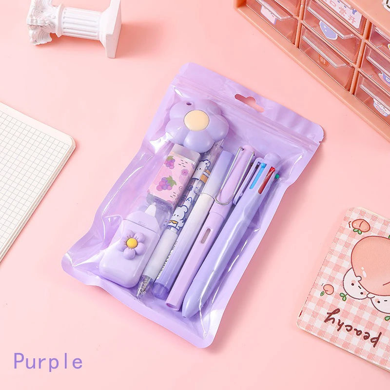 7-Piece Kawaii Korean Stationery Set – Cute Essentials for Students, Office & Study with Souvenir-Style Charm