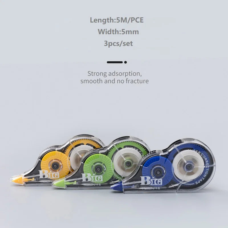 3-Pack Film-Based Correction Tape – White Mistake Out with Transparent 5mm Dispenser (16.4ft) for School & Office Use